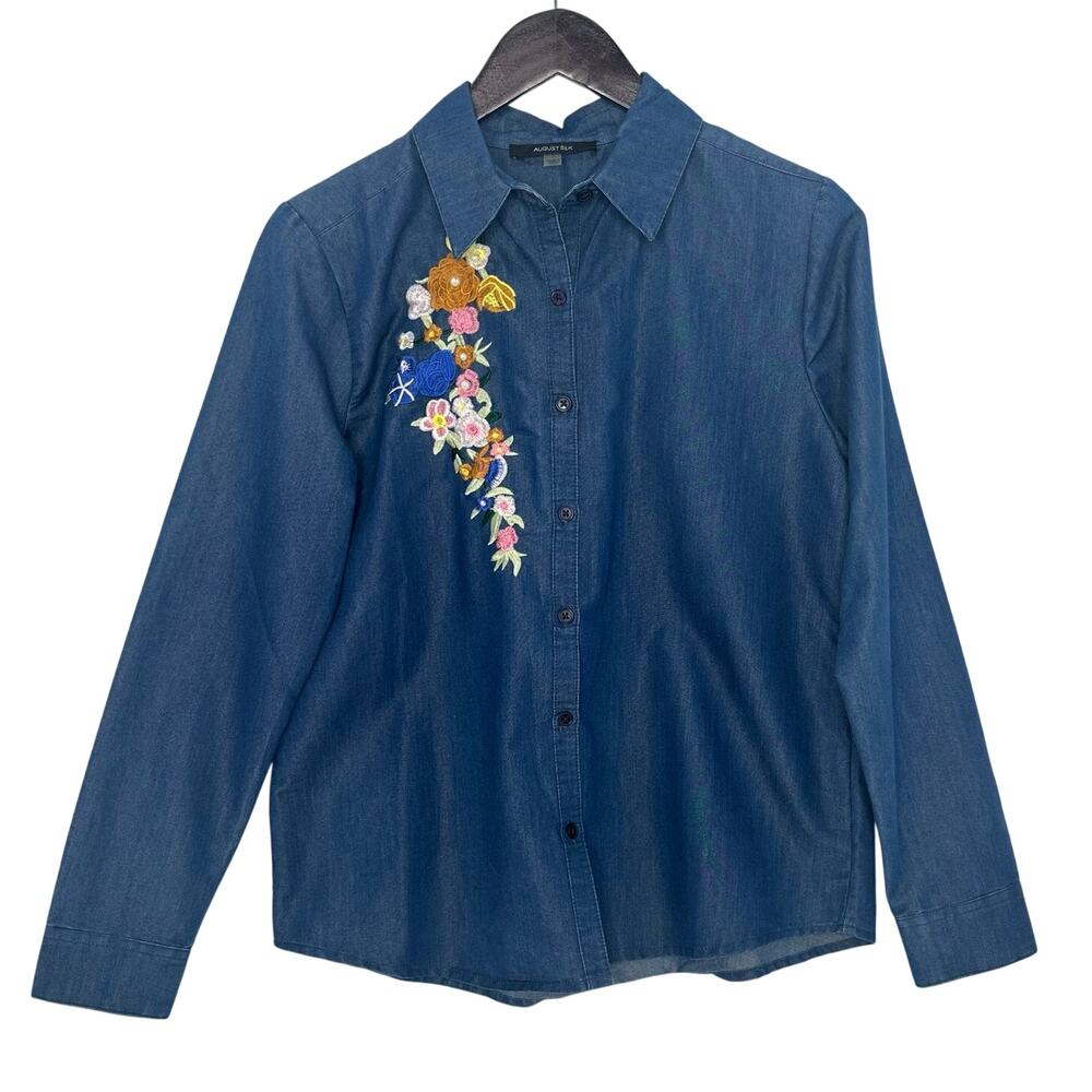 August Silk Denim Shirt Womens S Embroidered Floral Pearl Cottagecore